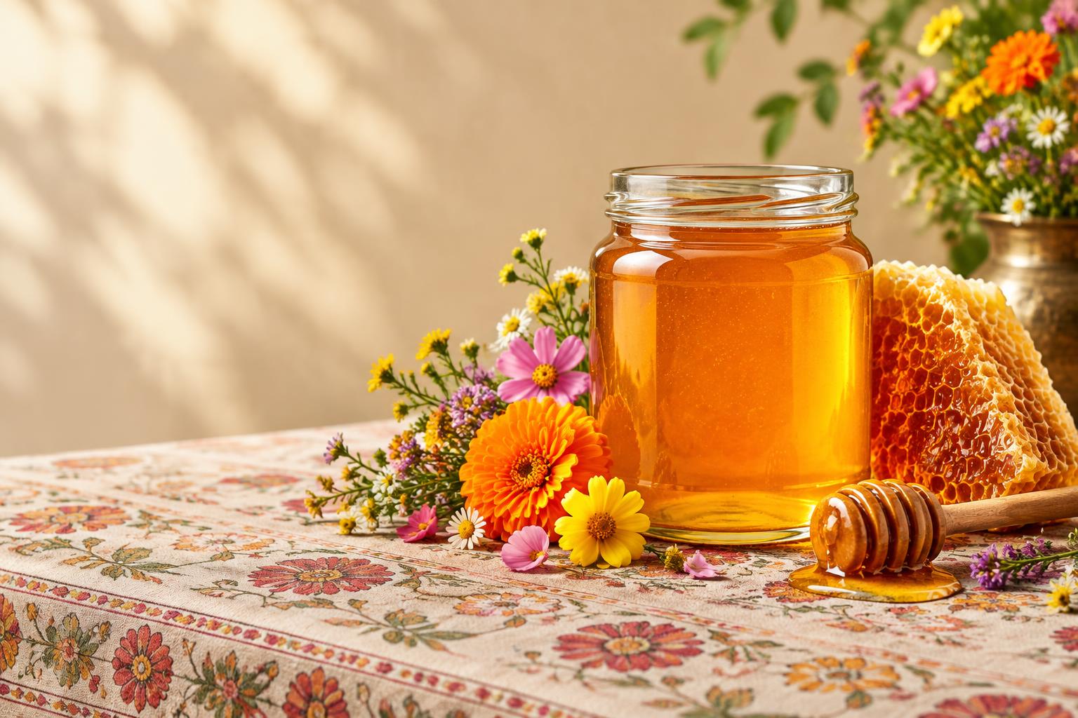 Golden honey with wildflowers, honeycomb and a wooden dipper